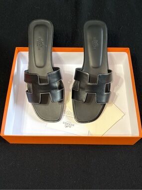 Hermes Black Oran Sandals